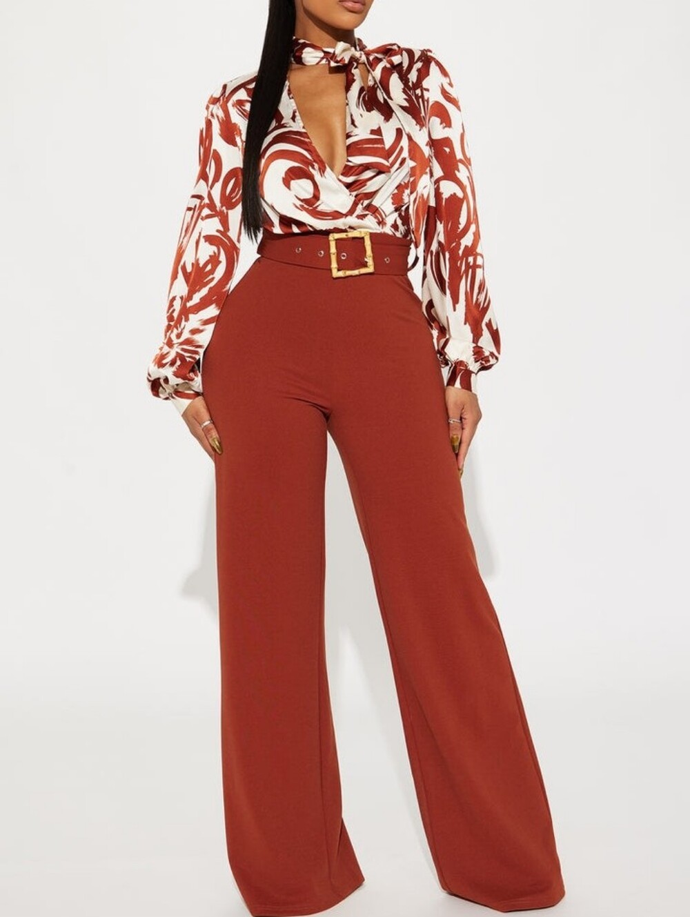 High-Waist Wide-Leg Pants in Rust - Women